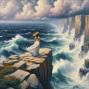 Young Woman on Cliff Edge Overlooking Stormy Sea | Impressionist Style