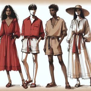 Summer Fashion Design Sketch in Red, Brown & Beige | Diverse Models Outfits