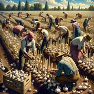 Diverse Farmers Harvesting Garlic in Sunny Field