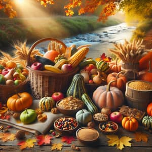 Serene Autumn Harvest Scene | Fruits, Gourds, Grains in Baskets