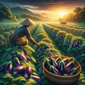Harvesting Eggplant in Vibrant Field | Asian Farmer Scene
