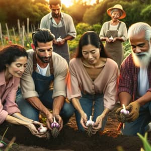 Multicultural Community Planting Garlic in Lush Garden Setting