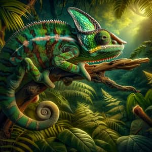 Masterful Camouflage: Chameleon Blending into Jungle Environment