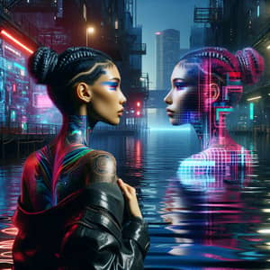 Cyberpunk Woman Reflecting in Neon Sea | Futuristic Wonder