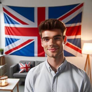 Young British Man with Union Jack Flag in Modern Home