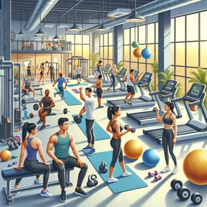Dynamic Gym Scene with Diverse Workouts and Trainers