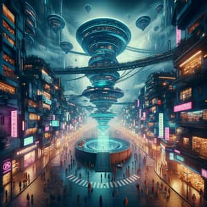 Futuristic Cyberpunk Cityscape: Spiraling Structures & Neon Lights