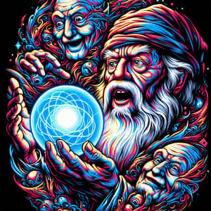 Elderly Wizard Holding Glowing Blue Orb - Modern Pop Art Illustration