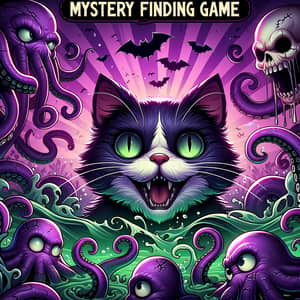 Spooky Mystery Finding Game Scene with Cartoon Cat and Tentacles
