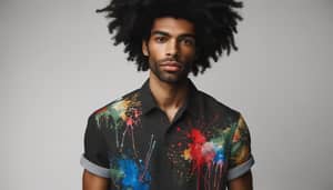 Stylish Man with Afro Hairstyle in Colorful Abstract Shirt