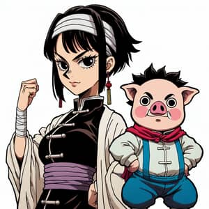 Japanese Anime-Style Illustration with Woman and Anthropomorphic Pig