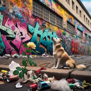 Urban Decay and Natural Beauty: Colorful Graffiti Cityscape with Dog and Rose