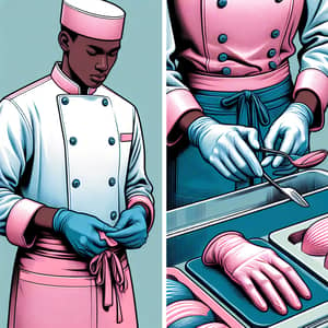 Pastry Chef Work Uniform in Pink Blue Style with Gloves for New Employees