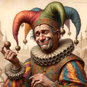 Middle-Aged Jester in Traditional Attire Performing In Medieval Setting
