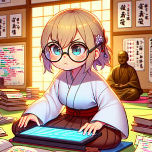 Cartoon Blonde Girl in Dojo Engrossed in Coding