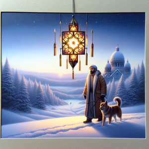 Winter Scene with Middle-Eastern Man and Dog in Snowy Landscape