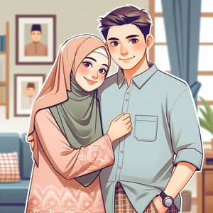 Malaysian Couple Embracing Love at Home: Hijab and Identity