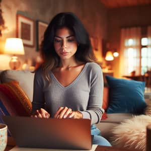 Young Latina Woman Creating Content in Cozy Living Room | Website