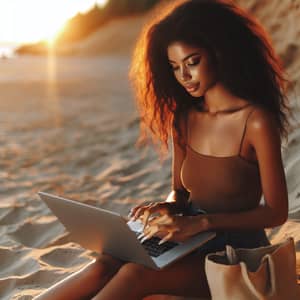 Young African Woman Creating Content on Laptop at Sunset Beach