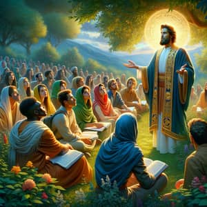 Biblical Era Religious Figure Sharing Wisdom with Diverse Group
