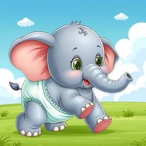 Baby Elephant in Diapers - Playful Cute Animal on Green Meadow
