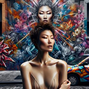 Vibrant Graffiti Art in Urban Scene with Asian Model