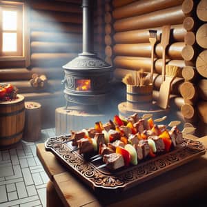Delicious Kebabs in Traditional Russian Banya