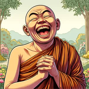 Jovial Monk Laughing in Peaceful Monastery Garden