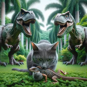 Gray Cat Eating Lizard in Green Garden with Dinosaurs