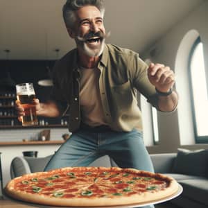 Middle-Aged Man Laughing on Pizza with Beer - Boisterous Moment
