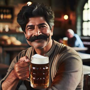 Middle-aged South-Asian Man Enjoying Beer in Cozy Tavern