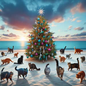 Christmas Tree on Beach with Diverse Cats - Festive Scene