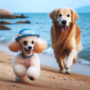Poodle Dog with Blue Hat Running at Seashore