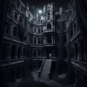 Eerie Night View Inside Abandoned Black Castle