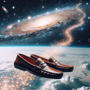 Venetian Loafers Floating in Space: Surreal Cosmic Scene