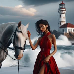Enchanting Woman in Red Dress Petting Horse by Lighthouse