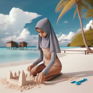 Young Middle-Eastern Girl Building Sandcastle on Serene Beach