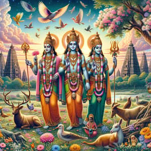 Serene Hindu Mythology Illustration with Adorned Deities in Lush Garden