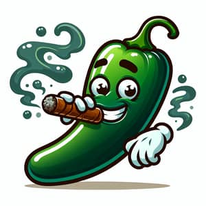 Humorous Jalapeño Cartoon Smoking Cigar - Funny Pepper Art