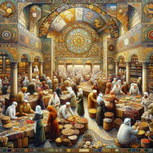 Vibrant Mosaic Painting of a Bustling Art Nouveau Marketplace