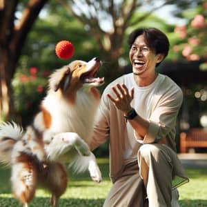 Joyful Asian Man Playing with Pet Dog in Green Park