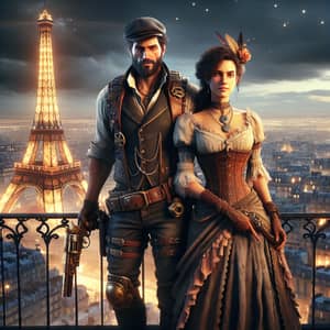 Steampunk Video Game Characters on Iron Lattice Tower in Paris