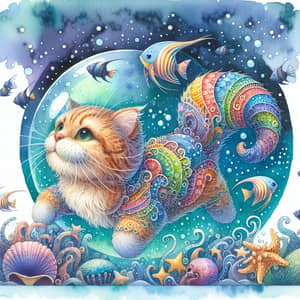 Watercolor Painting: Oceanic Cat Art