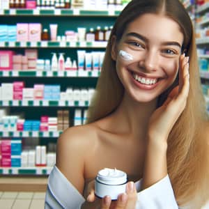Caucasian Woman Applying Face Cream in Pharmacy Setting