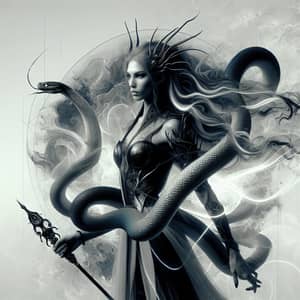 Female Mythical Being with Snake-Like Hair and Mystical Weapon
