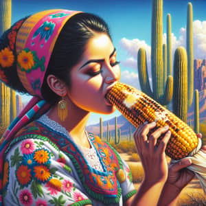 Mexican Woman Enjoying Roasted Corn in Sonora