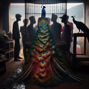 Captivating Scene: Vibrant Peacock in Cage with Silhouettes