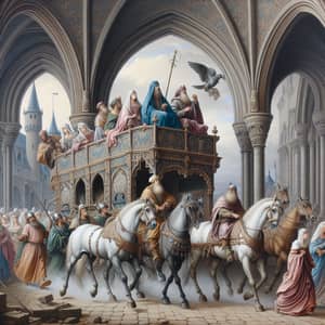 Medieval Figures Escaping in Horse-Drawn Carriage