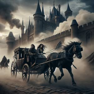 Medieval Escape: Fleeing Princess & Masked Man on Carriage
