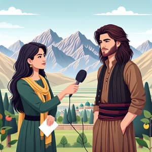 Kurdish Journalist Interviewing Handsome Man with Long Hair | Mountain Setting